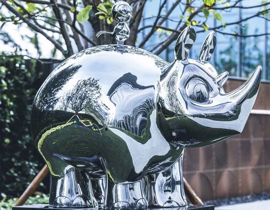 bonnie sculpture-Stainless Steel Animal Sculpture Metal Rhino and Bird Sculpture